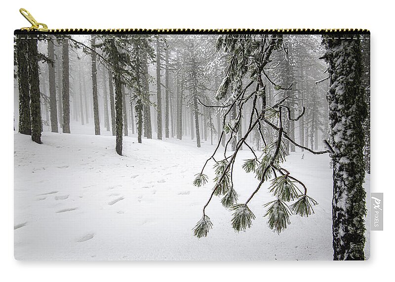 Winter Landscape Zip Pouch featuring the photograph Winter forest landscape with mountain covered in snow by Michalakis Ppalis