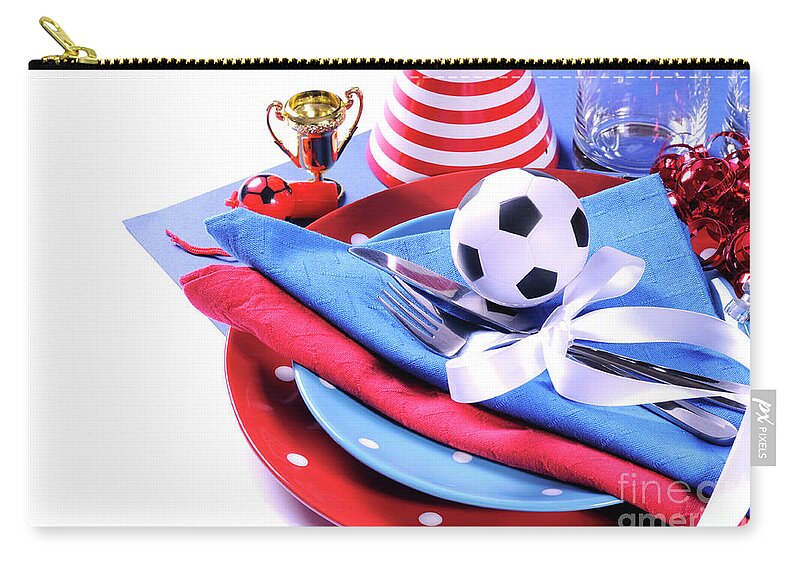 Red Zip Pouch featuring the photograph Soccer football celebration party table setting #11 by Milleflore Images