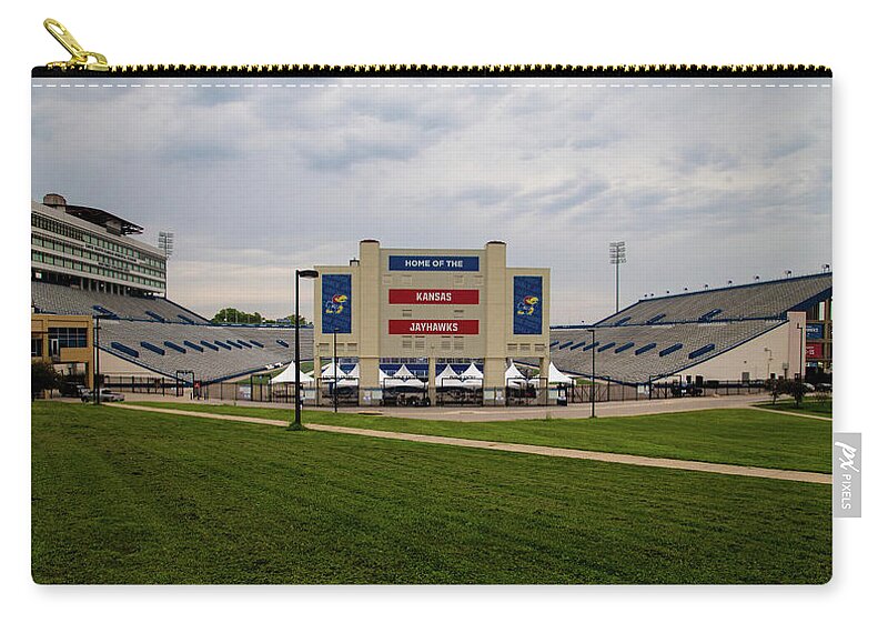 Kansas Jayhawks Zip Pouch featuring the photograph Wide shot of David Booth Memorial Stadium at University of Kansas by Eldon McGraw
