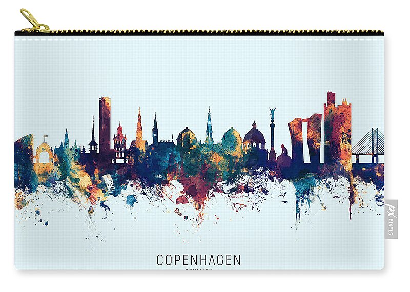 Copenhagen Zip Pouch featuring the digital art Copenhagen Denmark Skyline #13 by Michael Tompsett