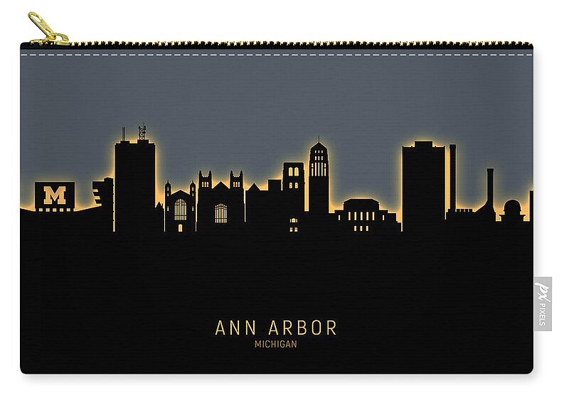 Ann Arbor Zip Pouch featuring the digital art Ann Arbor Michigan Skyline by Michael Tompsett