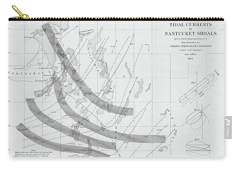 Nantucket Zip Pouch featuring the photograph 1854 Nantucket Massachusetts Map Tidal Currents of Nantucket Shoals Black and White by Toby McGuire