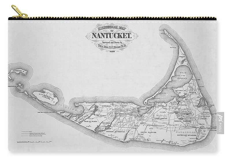 Nantucket Zip Pouch featuring the photograph 1865 Historical Map of Nantucket Massachusetts Cape Code Black and White by Toby McGuire