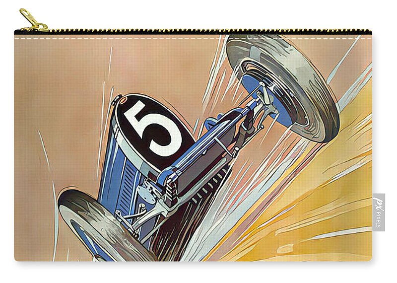 Vintage Zip Pouch featuring the painting 1927 Bugatti Type 35B dramatic speed perspective original french art deco illustration by Roger Soubie