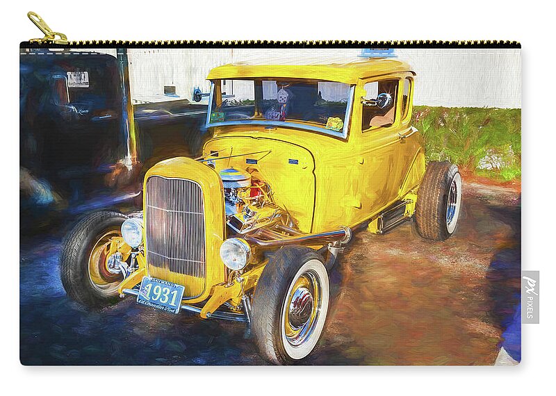  1931 Yellow Ford Hot Rod 5 Window Coupe Zip Pouch featuring the photograph 1931 Yellow Ford Hot Rod 5 Window Coupe X122 by Rich Franco