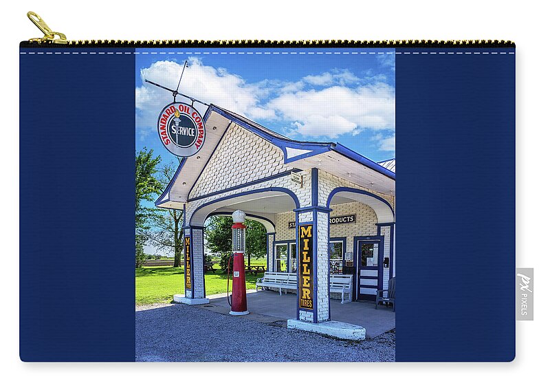 Standard Oil Gas Station Zip Pouch featuring the photograph 1932 Standard Oil Gas Station - Route 66 - Odell, Illinois by Susan Rissi Tregoning