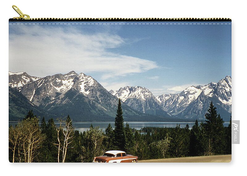  Teton Zip Pouch featuring the photograph Vintage Car and Teton Mountains by Marilyn Hunt