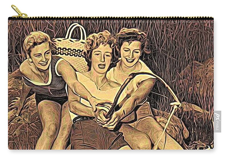 Modern Picture Painting Zip Pouch featuring the mixed media 1950s Threes Sisters Fishing For...2of2 by Joan Stratton