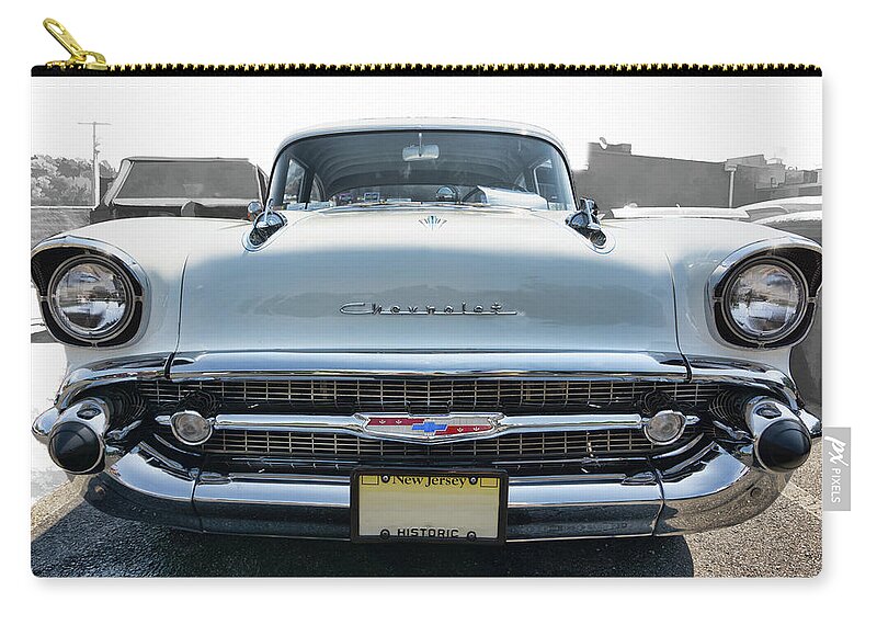 Chevy Zip Pouch featuring the photograph 1957 white Chevy Bel Air 210 by Daniel Adams