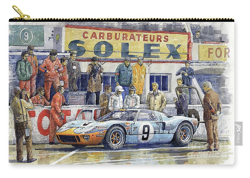 Shevchukart Zip Pouch featuring the painting 1968 Le Mans 24 Pit Stop #9 Ford GT 40 by Yuriy Shevchuk