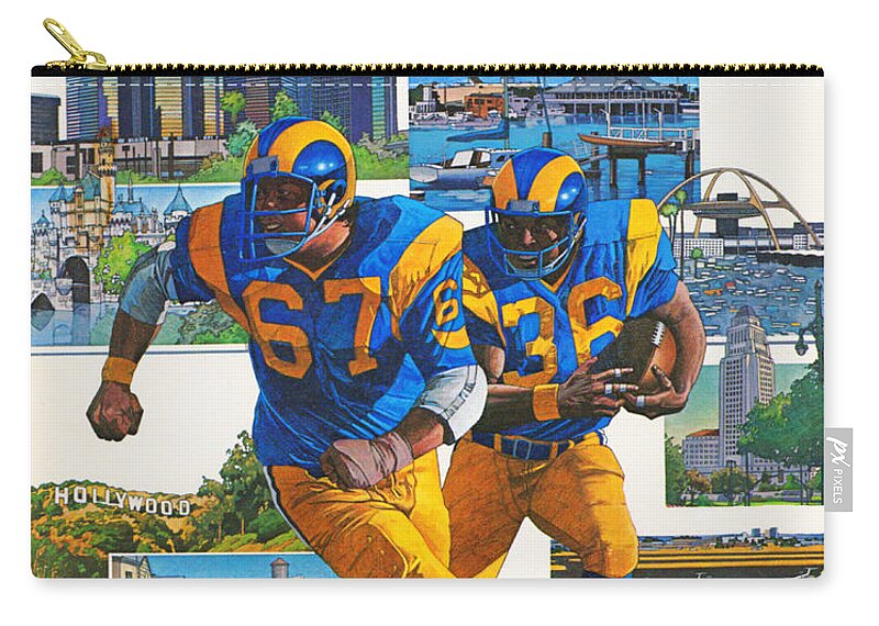 Los Angeles Zip Pouch featuring the mixed media 1982 Los Angeles Rams Art by Row One Brand
