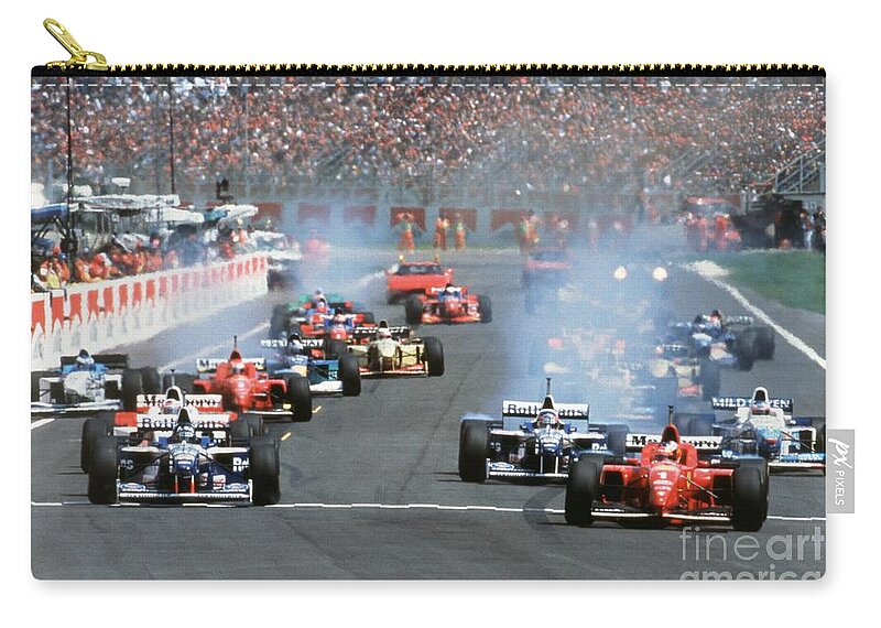 Michael Schumacher Zip Pouch featuring the photograph 1996 San Marino Grand Prix by Oleg Konin