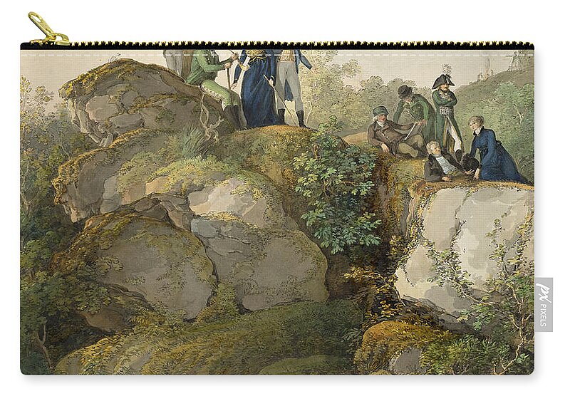 Johann Georg Von Dillis Zip Pouch featuring the drawing A Royal Party Admiring the Sunset atop the Hesselberg Mountain by Johann Georg von Dillis