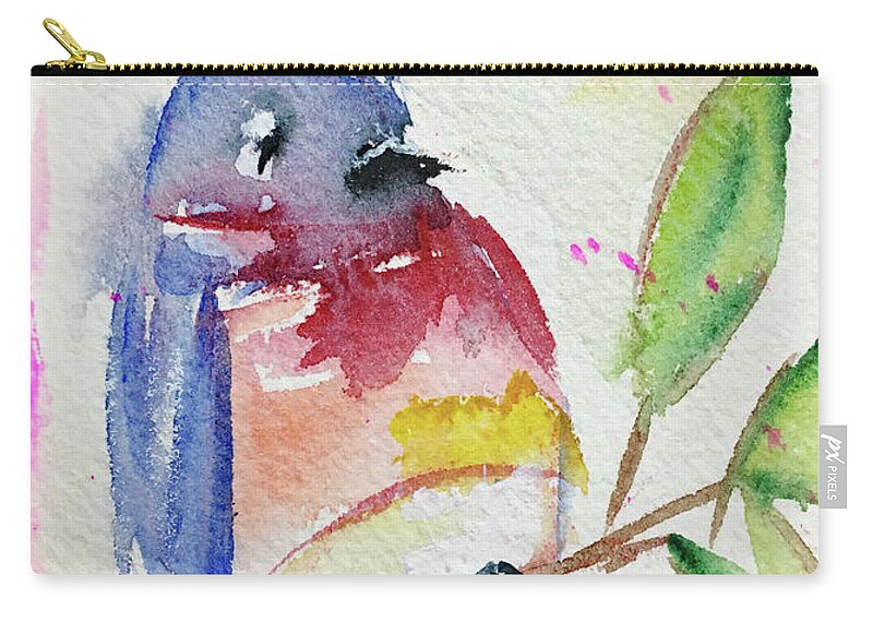 Watercolor Zip Pouch featuring the painting Bluebird on a Branch by Roxy Rich