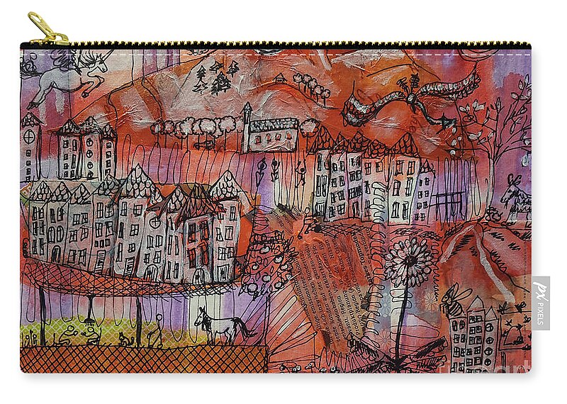 Houses Zip Pouch featuring the mixed media 2 Dragons and a Unicorn by Mimulux Patricia No