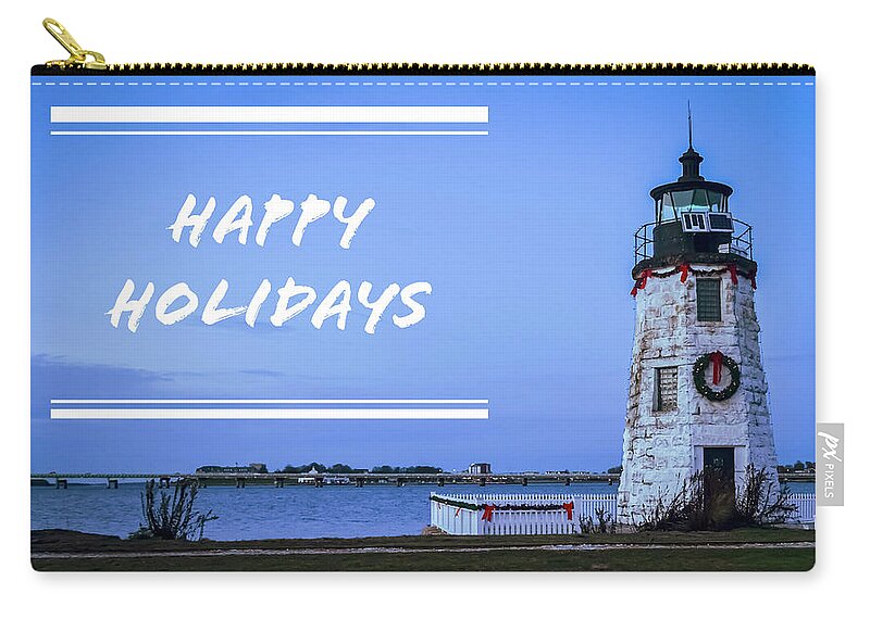 Happy Holidays From Goat Island Lighthouse Zip Pouch featuring the photograph Happy Holidays from Goat Island Lighthouse by Christina McGoran