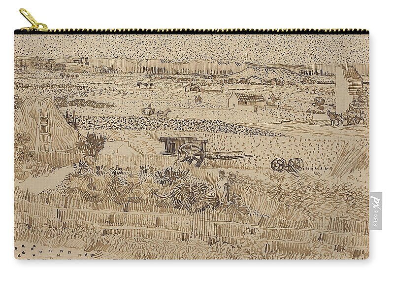 Vincent Van Gogh Zip Pouch featuring the drawing Harvest, The Plain of La Crau #3 by Vincent van Gogh