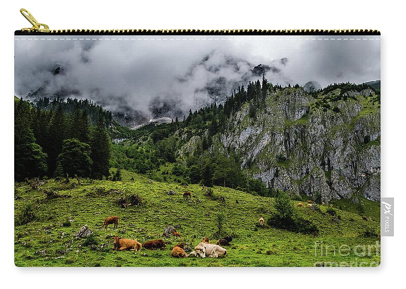 Austria Zip Pouch featuring the photograph Herd Of Cows In National Park Gesaeuse In The Ennstaler Alps In Austria #2 by Andreas Berthold