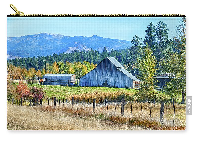 Cle Zip Pouch featuring the photograph Horse and old barn in pasture along the Teanaway #2 by Steve Estvanik