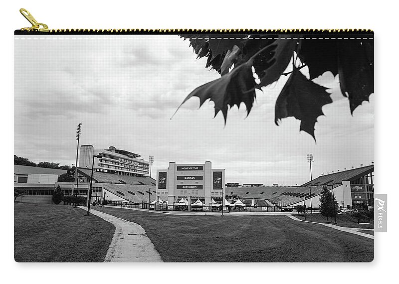Kansas Jayhawks Stadium Zip Pouch featuring the photograph Kansas Jayhawks football in black and white #2 by Eldon McGraw