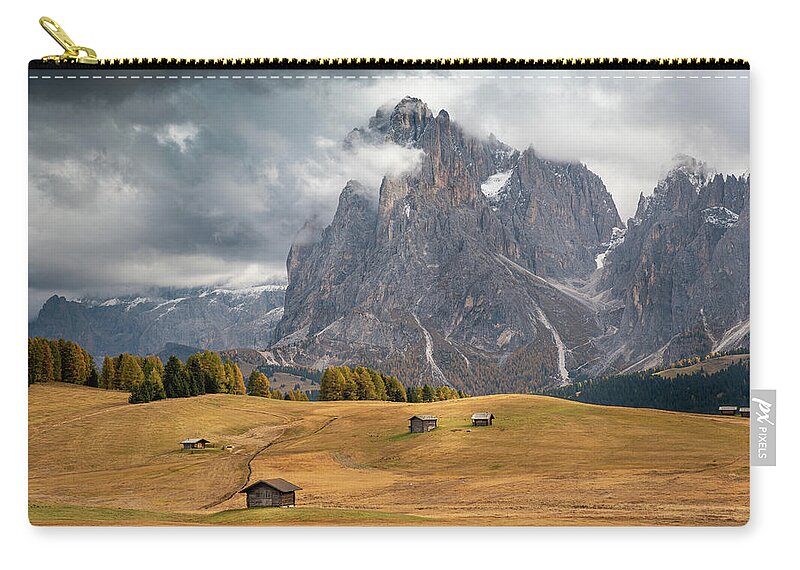 Alpe Di Siusi Zip Pouch featuring the photograph Landscape with beautiful autumn meadow field and the amazing Dolomite rocky peaks. Valley of Alpe di siusi Seiser Alm South Tyrol Italy. #2 by Michalakis Ppalis