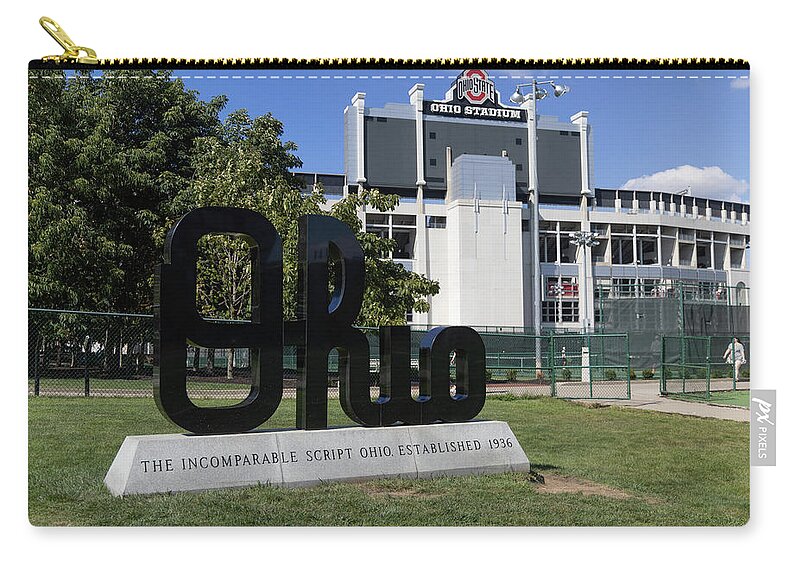 Buckeyes Football Zip Pouch featuring the photograph Ohio script statue at Ohio State University #2 by Eldon McGraw