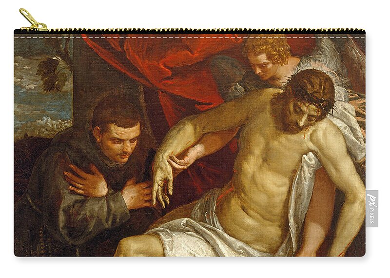 Paolo Veronese Zip Pouch featuring the painting The Dead Christ Supported by an Angel and Adored by a Franciscan #2 by Paolo Veronese