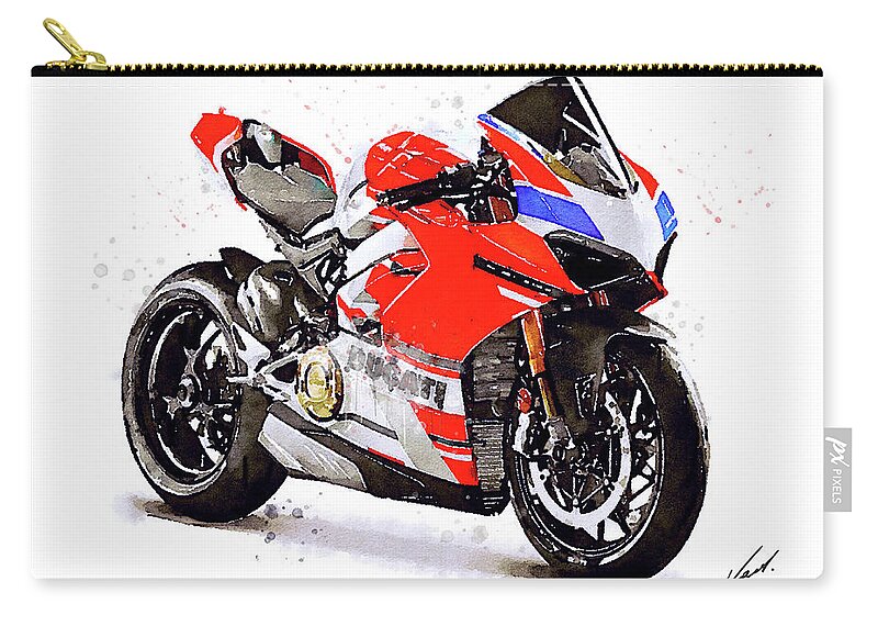 Sport Zip Pouch featuring the painting Watercolor Ducati Panigale V4S motorcycle, oryginal artwork by Vart #3 by Vart Studio