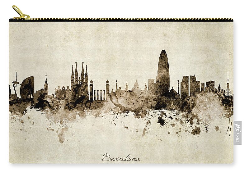 Barcelona Zip Pouch featuring the digital art Barcelona Spain Skyline #24 by Michael Tompsett