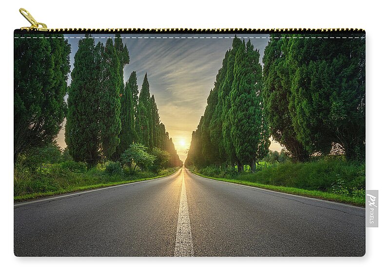Bolgheri Zip Pouch featuring the photograph Bolgheri Boulevard and the Sun by Stefano Orazzini