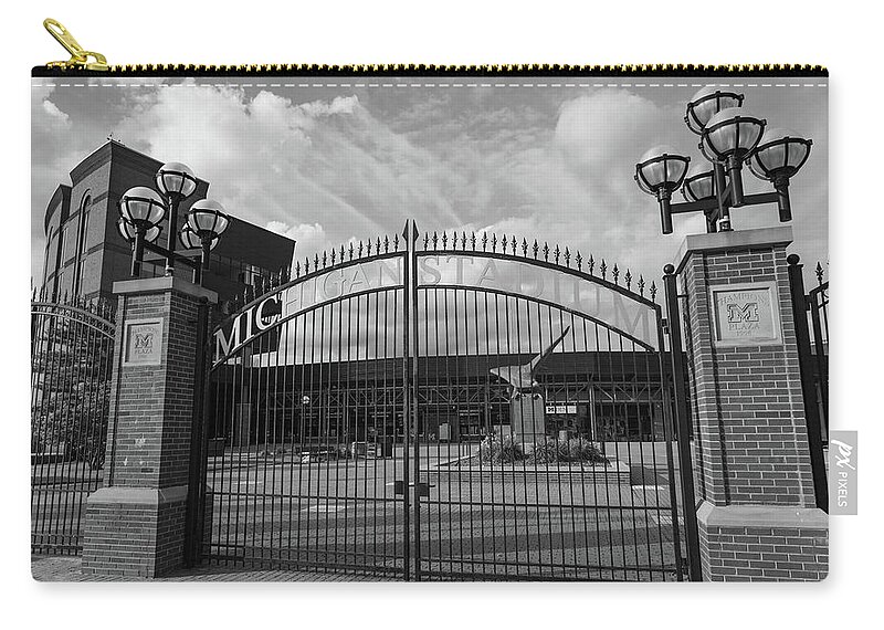 Michigan Wolverines Football Zip Pouch featuring the photograph Michigan Stadium sign in black and white #3 by Eldon McGraw