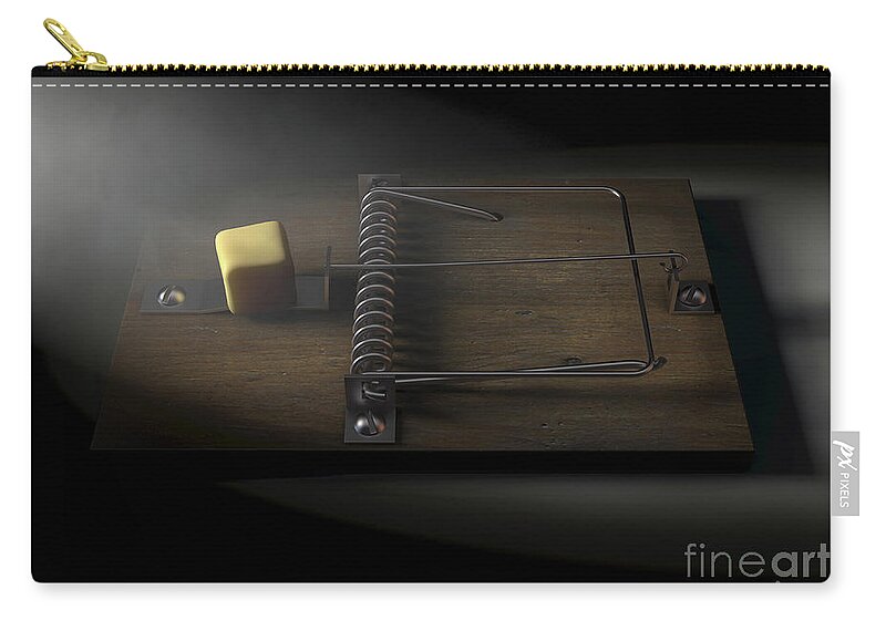 Trap Zip Pouch featuring the digital art Mousetrap With Cheese #3 by Allan Swart