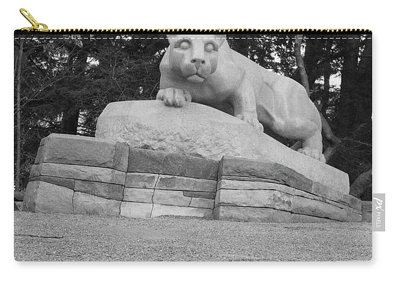 State College Pennsylvania Zip Pouch featuring the photograph Nittany Lion Shrine at Penn State University in black and white #3 by Eldon McGraw