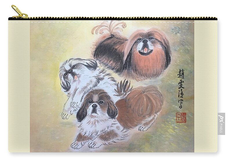 Pekes Zip Pouch featuring the painting Three Pekes in a Pod - 3 by Carmen Lam