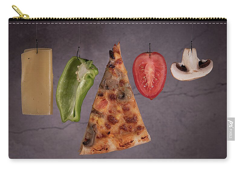 Pizza Zip Pouch featuring the photograph Slice of mozzarella pizza tomato cheese peeper and mushroom ingredients by Michalakis Ppalis