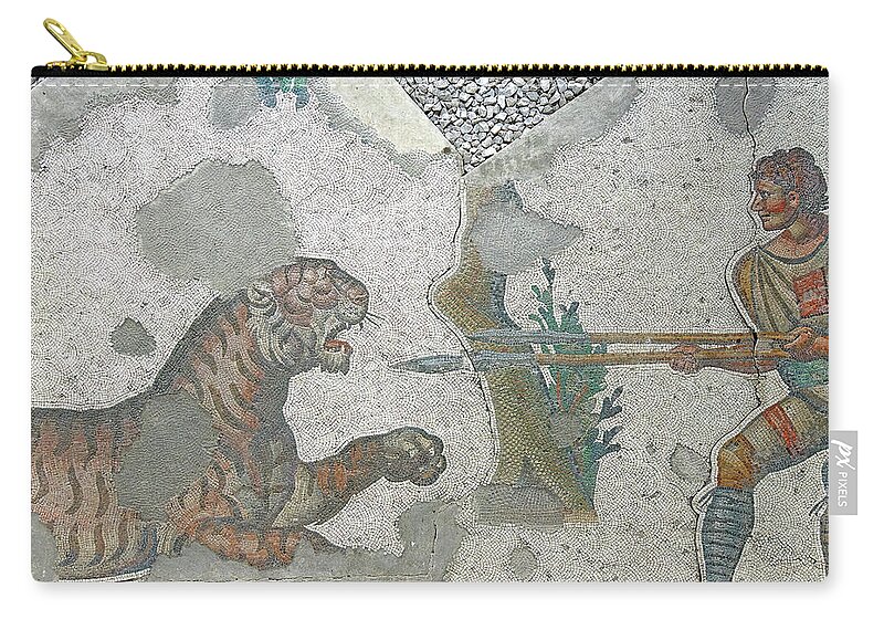 Byzantine Zip Pouch featuring the photograph Tiger defending itself against hunters #3 by Steve Estvanik