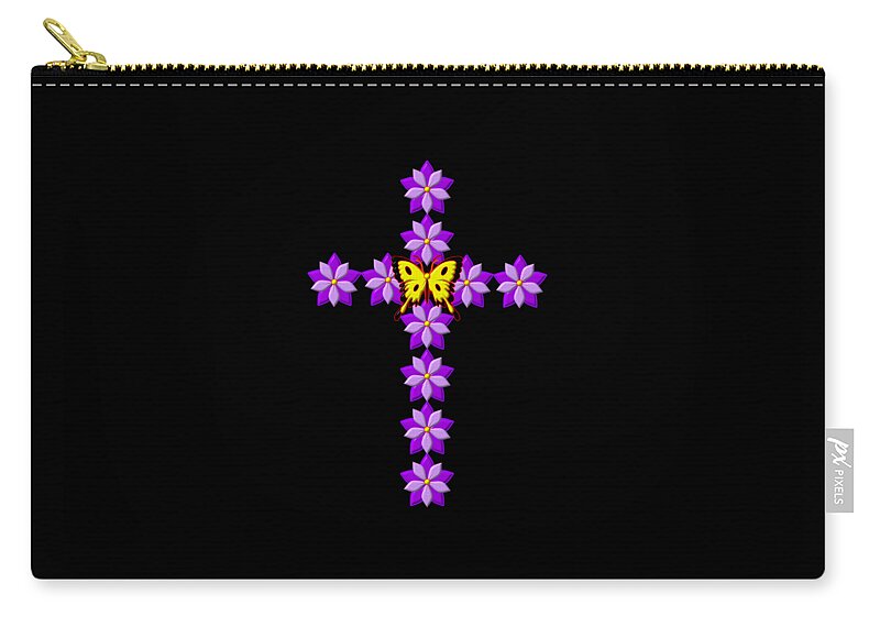 3d Look Flowers And Butterfly Easter Sunday Resurrection Cross Zip Pouch featuring the digital art 3D Look Flowers and Butterfly Easter Sunday Resurrection Cross by Rose Santuci-Sofranko