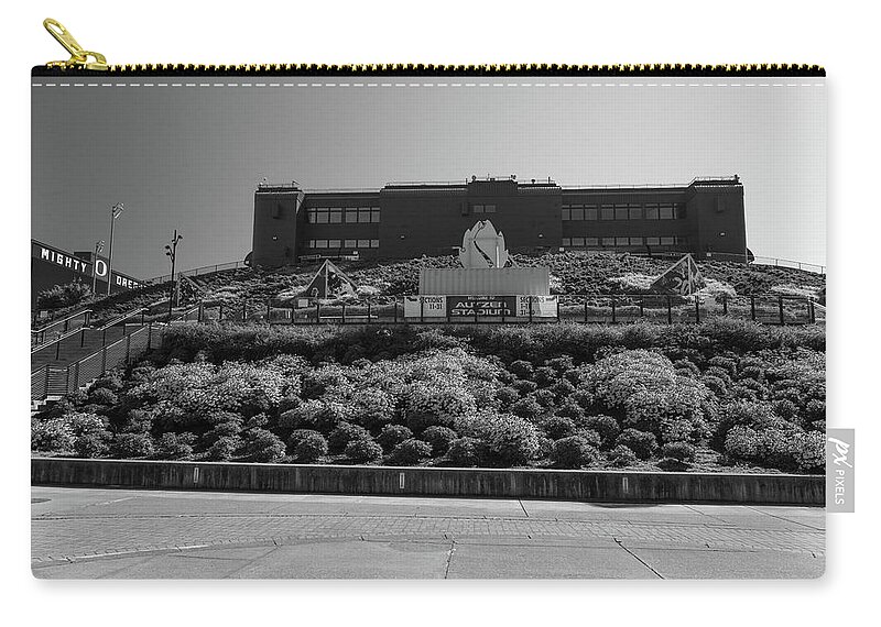 Pac 10 Zip Pouch featuring the photograph Autzen Stadium at the University of Oregon in black and white by Eldon McGraw