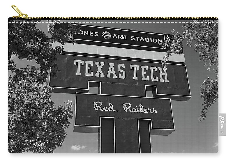 Lubbock Texas Zip Pouch featuring the photograph Jones ATT Stadium at Texas Tech University in black and white #4 by Eldon McGraw