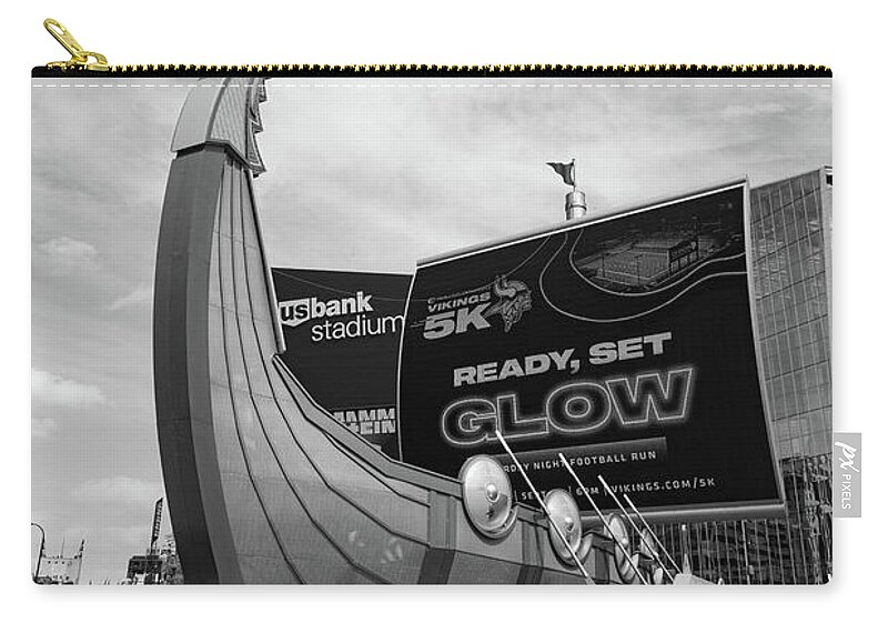 Summer Zip Pouch featuring the photograph Minnesota Vikings US Bank Stadium in Minneapolis Minnesota in black and white #4 by Eldon McGraw