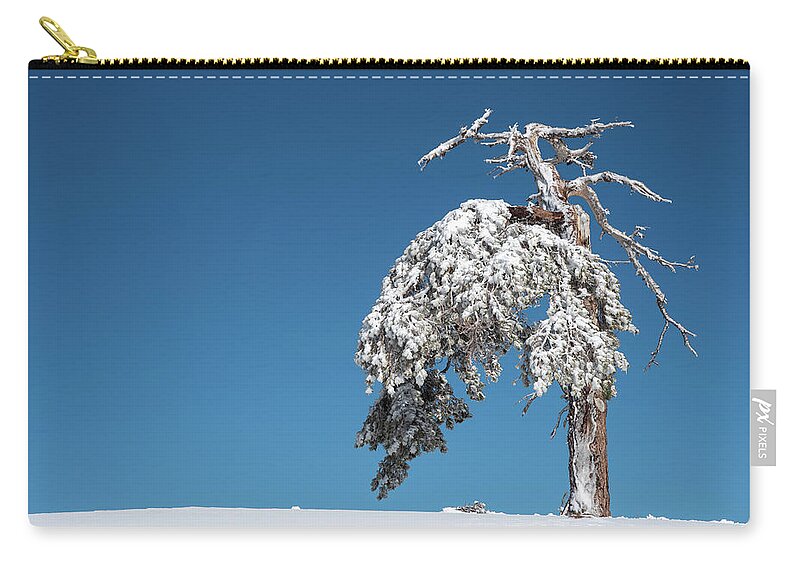 Single Tree Zip Pouch featuring the photograph Winter landscape in snowy mountains. frozen snowy lonely fir trees against blue sky. by Michalakis Ppalis