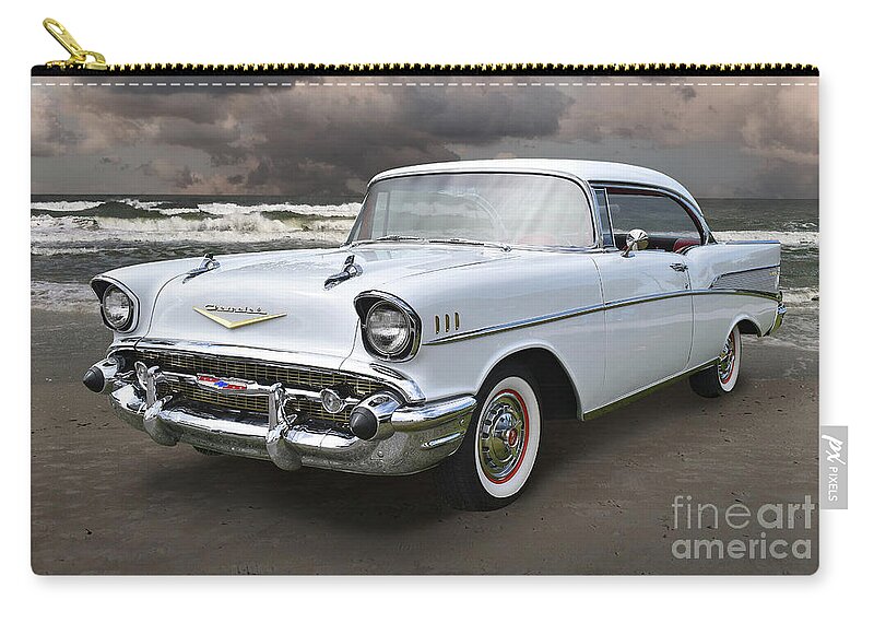 1957 Zip Pouch featuring the photograph 57 Bel Air Beach Beauty by Ron Long