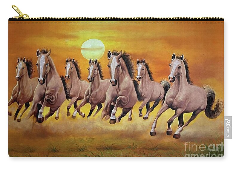 7 Horses Painting On Canvas Zip Pouch featuring the painting 7 Horses Painting On Canvas, Horse Painting, Sevan Horses Painting, by Manish Vaishnav