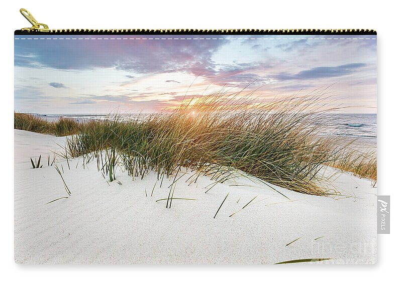 Sea Zip Pouch featuring the photograph Beach grass on dune, Baltic sea at sunset #8 by Michal Bednarek
