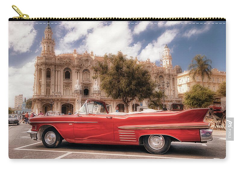 La Habana Carry-all Pouch featuring the photograph A Cadillac and the Hotel Inglaterra by Micah Offman