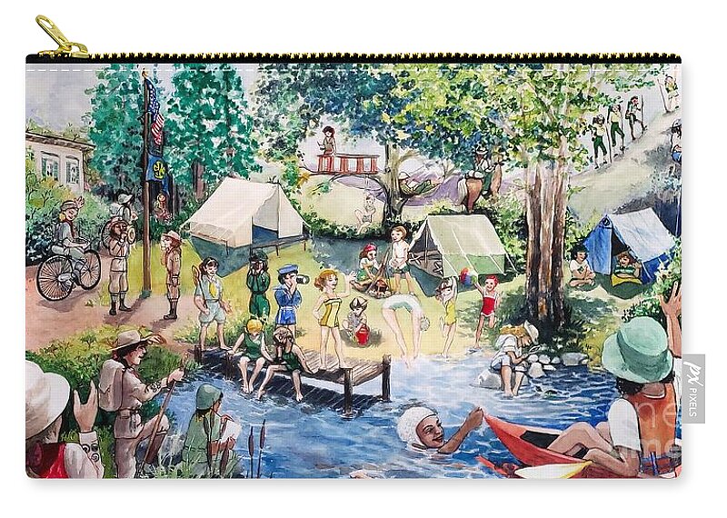 Girls Zip Pouch featuring the painting A century plus of outdoor fun for girls by Merana Cadorette