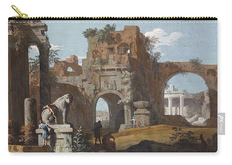 Marco Ricci Zip Pouch featuring the painting A Classical Landscape with Ruins by Marco Ricci