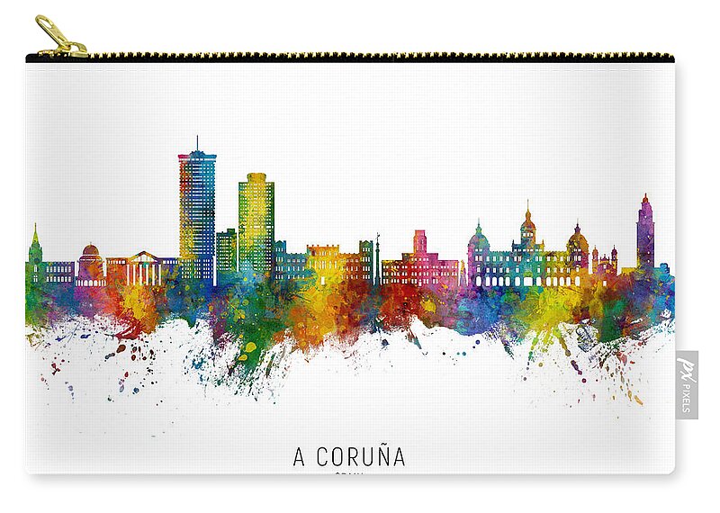 A Coruña Zip Pouch featuring the digital art A Coruna Spain Skyline #66 by Michael Tompsett