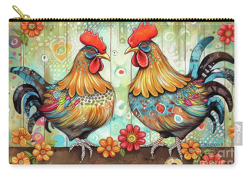 Roosters Zip Pouch featuring the painting A Couple Of Country Roosters by Tina LeCour