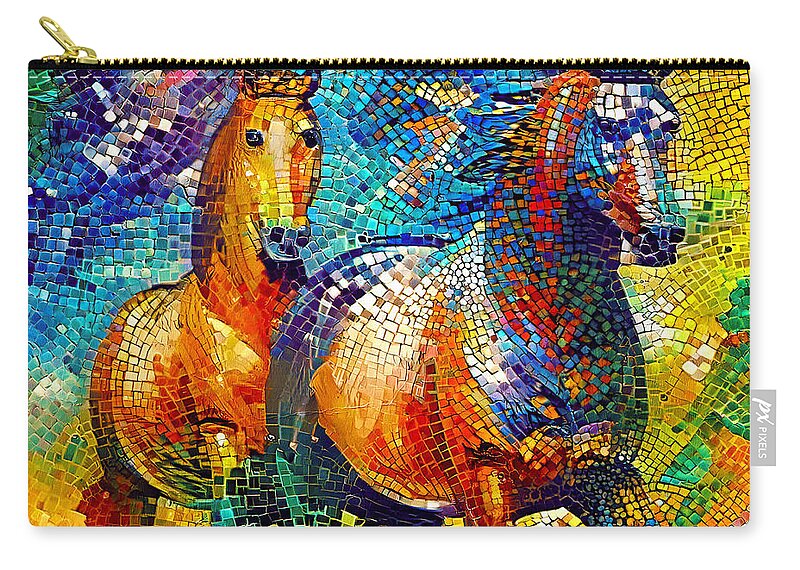 Horse Walking Carry-all Pouch featuring the digital art A couple of horses walking - colorful mosaic by Nicko Prints